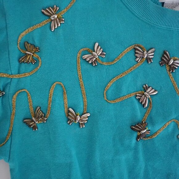 Vintage Cervelle Embellished Turquoise Knit Sweater Bead Butterfly L Whimsygoth - Picture 8 of 11
